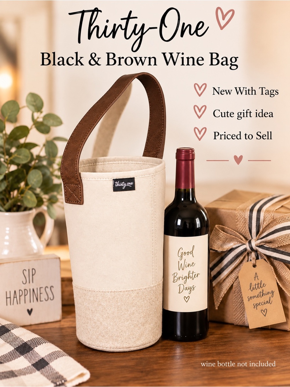 Thirty One Cream and Brown Canvas Wine Tote